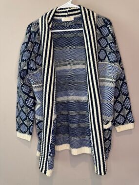 Entro Womens Blue White Aztec Boho Cardigan Open Front Knit Sweater Size S